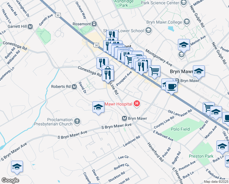 map of restaurants, bars, coffee shops, grocery stores, and more near 915 Old Lancaster Road in Bryn Mawr