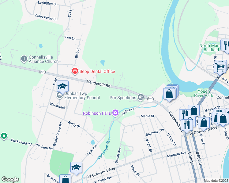 map of restaurants, bars, coffee shops, grocery stores, and more near 738 Vanderbilt Rd in Connellsville