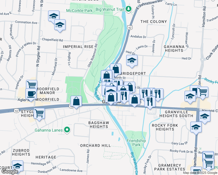 map of restaurants, bars, coffee shops, grocery stores, and more near 121 Mill Street in Gahanna