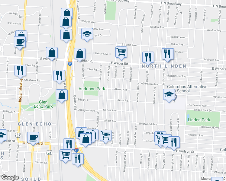 map of restaurants, bars, coffee shops, grocery stores, and more near 2772 Osceola Avenue in Columbus