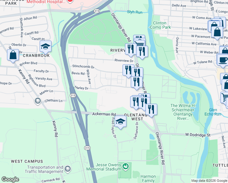 map of restaurants, bars, coffee shops, grocery stores, and more near 584 Harley Drive in Columbus