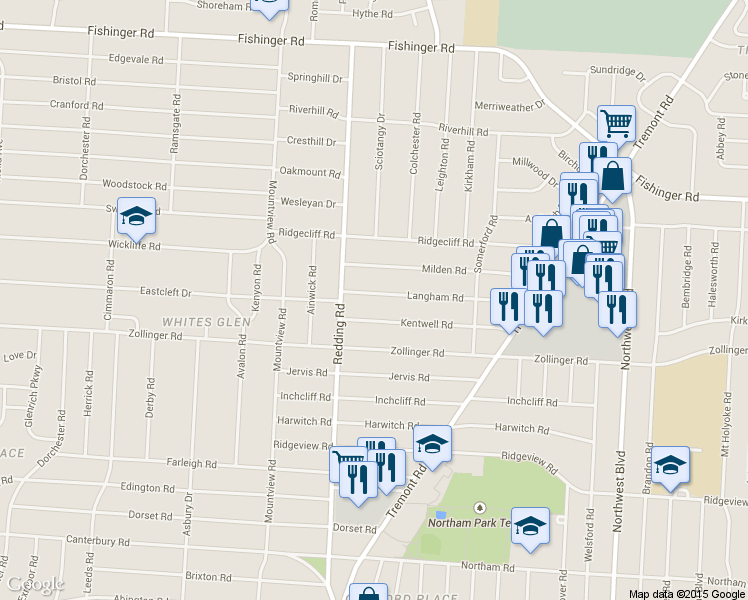 map of restaurants, bars, coffee shops, grocery stores, and more near 2078 Langham Road in Columbus