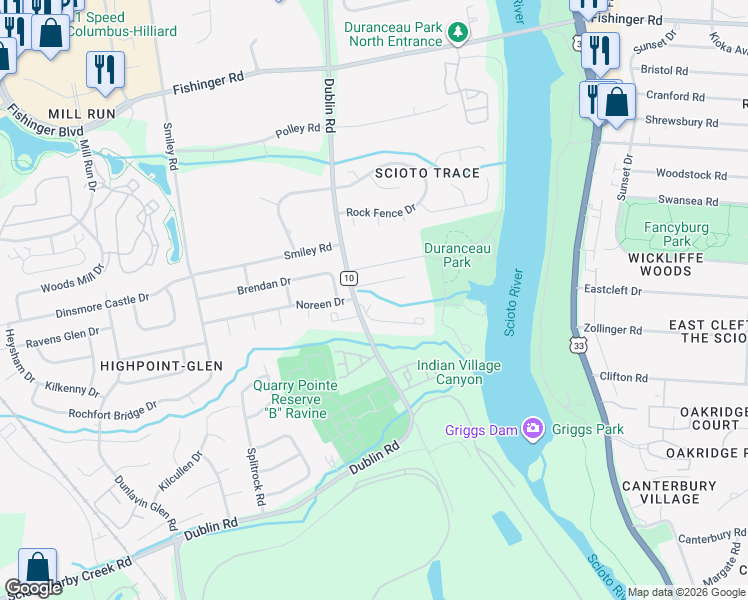 map of restaurants, bars, coffee shops, grocery stores, and more near 3188 Griggsview Court in Columbus
