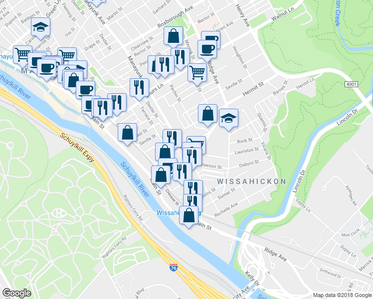 map of restaurants, bars, coffee shops, grocery stores, and more near 3841 Manayunk Avenue in Philadelphia