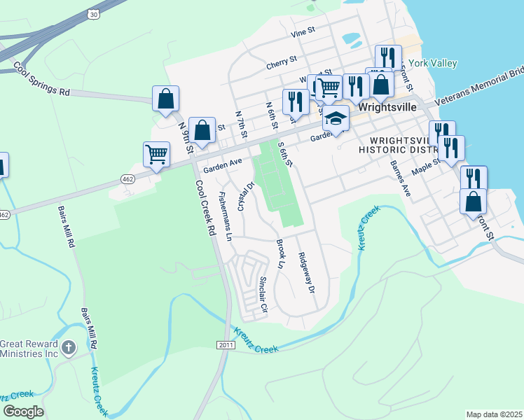 map of restaurants, bars, coffee shops, grocery stores, and more near 121 Brook Lane in Wrightsville