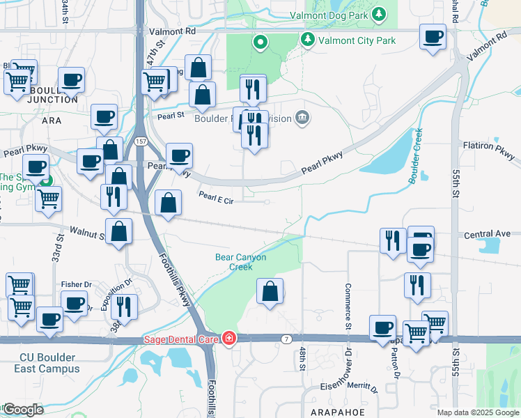 map of restaurants, bars, coffee shops, grocery stores, and more near 4900 Pearl East Circle in Boulder