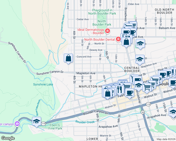 map of restaurants, bars, coffee shops, grocery stores, and more near 520 Maxwell Avenue in Boulder