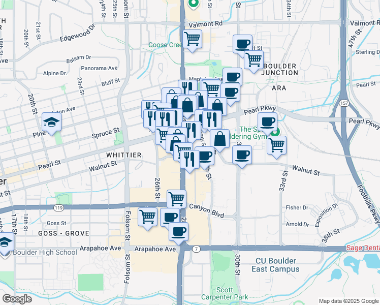 map of restaurants, bars, coffee shops, grocery stores, and more near 1960 28th Street in Boulder