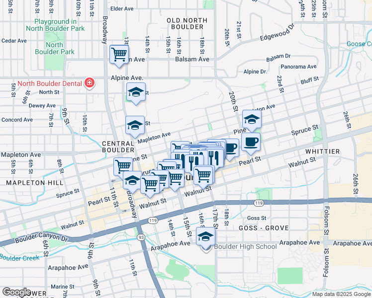 map of restaurants, bars, coffee shops, grocery stores, and more near 1606 Pine Street in Boulder