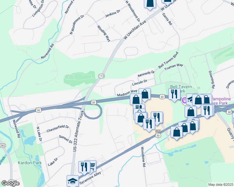 map of restaurants, bars, coffee shops, grocery stores, and more near 100 Madison Way in Downingtown