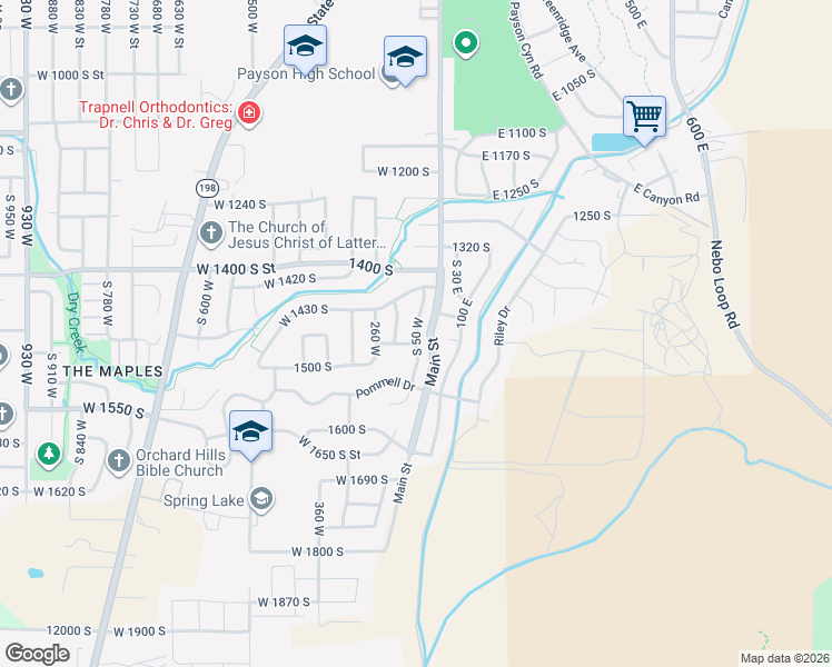 map of restaurants, bars, coffee shops, grocery stores, and more near 1465 50 West in Payson