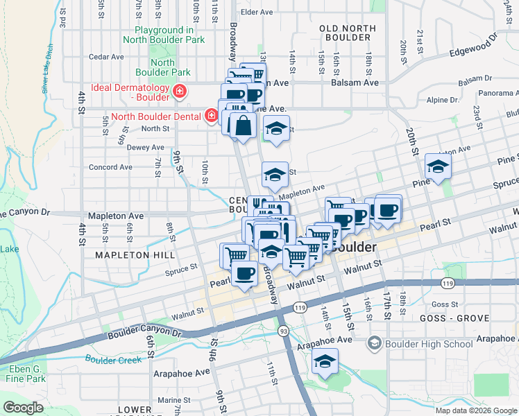 map of restaurants, bars, coffee shops, grocery stores, and more near in Boulder