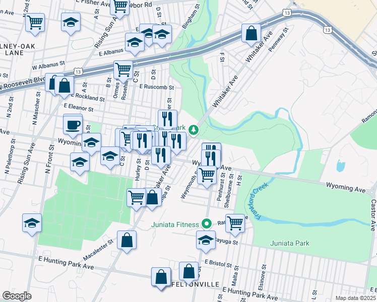 map of restaurants, bars, coffee shops, grocery stores, and more near 4726 Tampa Street in Philadelphia