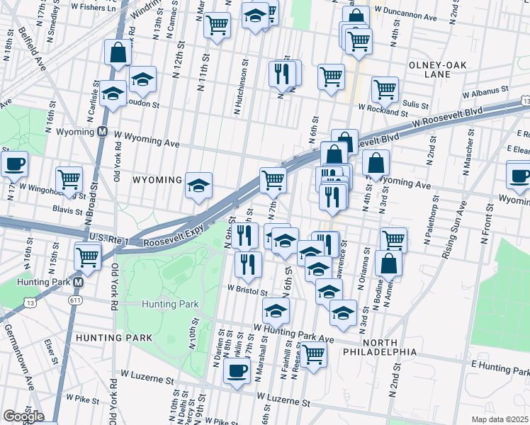 map of restaurants, bars, coffee shops, grocery stores, and more near 711 West Annsbury Street in Philadelphia