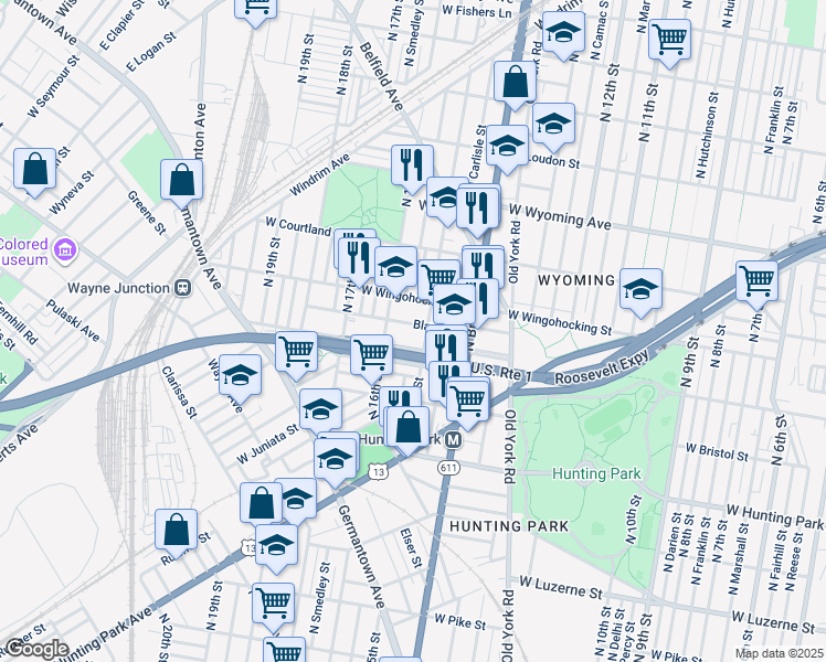 map of restaurants, bars, coffee shops, grocery stores, and more near 1516 Blavis Street in Philadelphia
