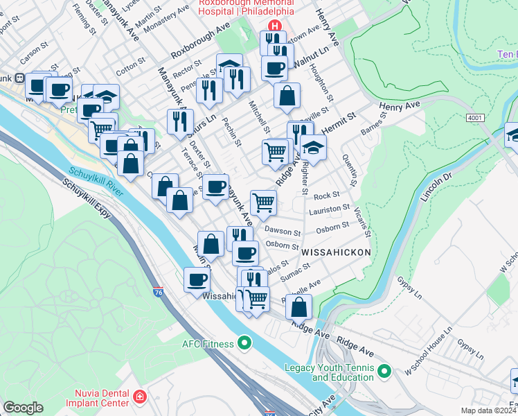 map of restaurants, bars, coffee shops, grocery stores, and more near 3814 Lauriston Street in Philadelphia