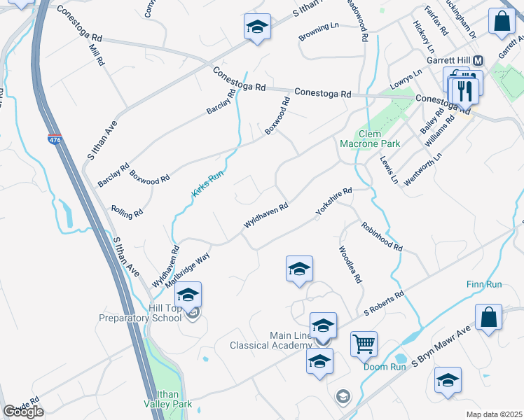 map of restaurants, bars, coffee shops, grocery stores, and more near 412 Wyldhaven Road in Bryn Mawr