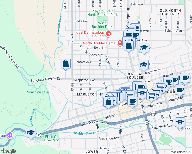 map of restaurants, bars, coffee shops, grocery stores, and more near 624 Maxwell Avenue in Boulder
