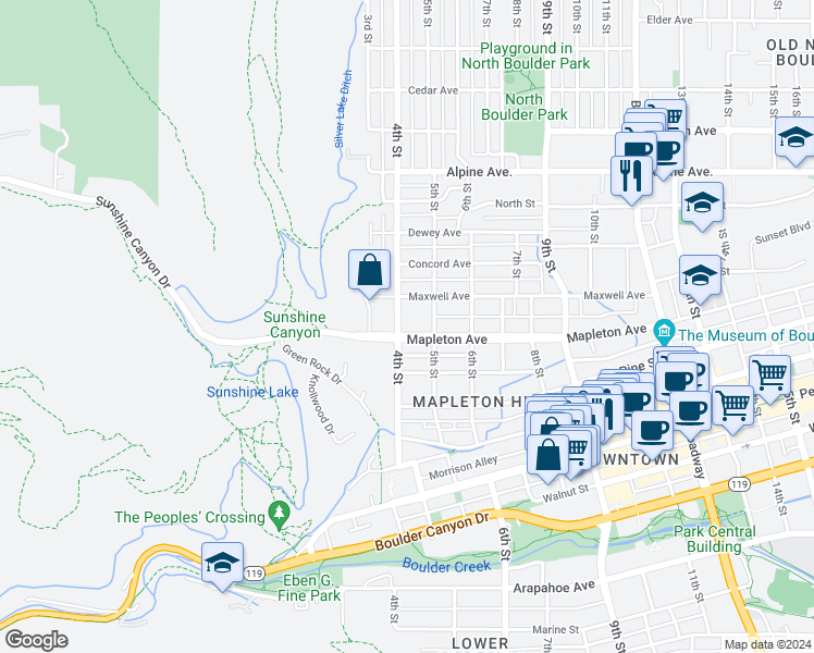 map of restaurants, bars, coffee shops, grocery stores, and more near 2360 4th Street in Boulder
