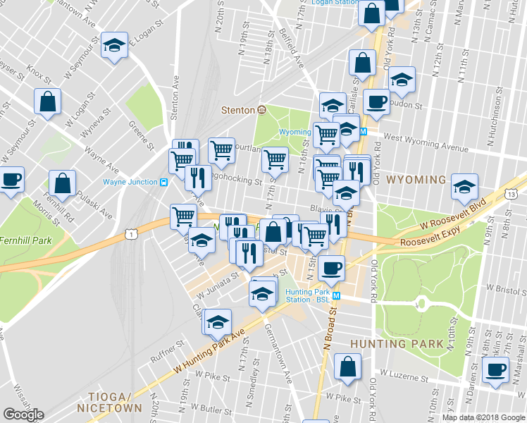map of restaurants, bars, coffee shops, grocery stores, and more near 1717 West Cayuga Street in Philadelphia