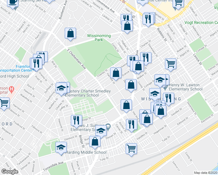 map of restaurants, bars, coffee shops, grocery stores, and more near 5715 Erdrick Street in Philadelphia