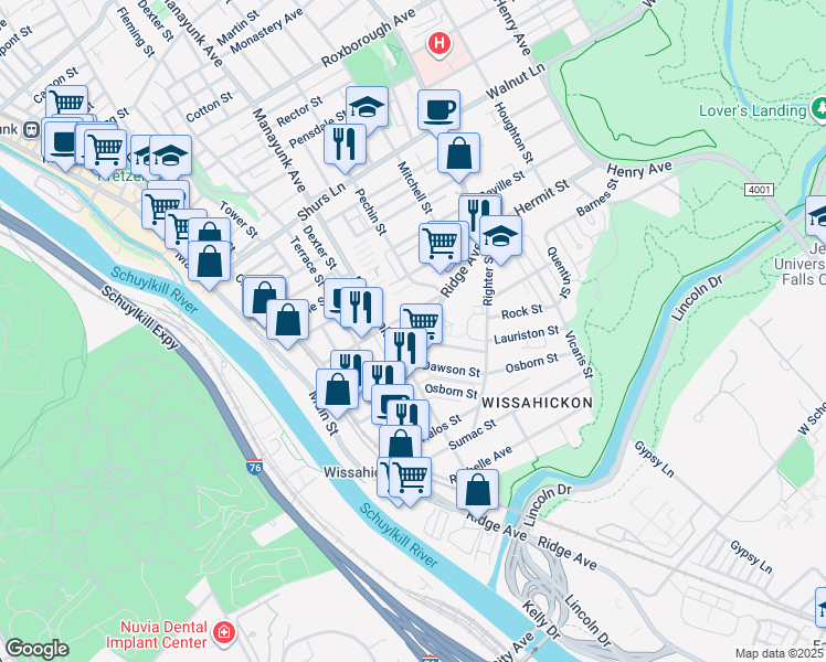 map of restaurants, bars, coffee shops, grocery stores, and more near 3814 Lauriston Street in Philadelphia
