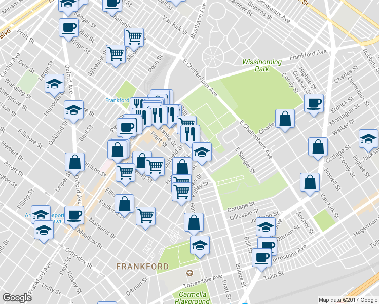 map of restaurants, bars, coffee shops, grocery stores, and more near 1724 Bridge St in Philadelphia