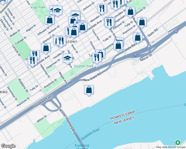 map of restaurants, bars, coffee shops, grocery stores, and more near 4938 Longshore Avenue in Philadelphia