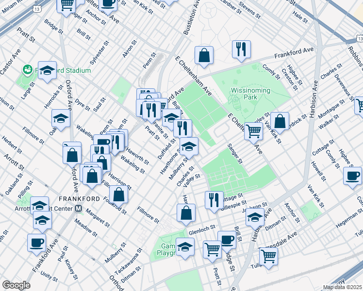map of restaurants, bars, coffee shops, grocery stores, and more near 1724 Bridge St in Philadelphia