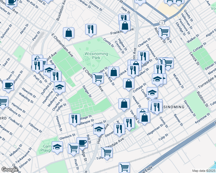 map of restaurants, bars, coffee shops, grocery stores, and more near 5715 Erdrick Street in Philadelphia