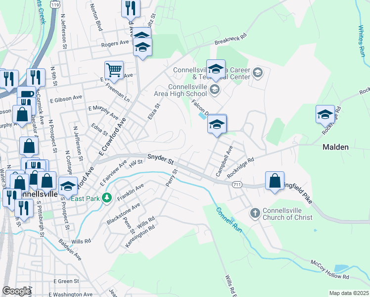 map of restaurants, bars, coffee shops, grocery stores, and more near 240 Swan Drive in Connellsville