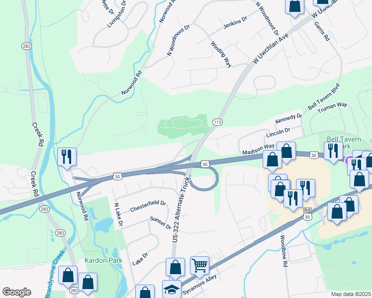 map of restaurants, bars, coffee shops, grocery stores, and more near 76 Norwood House Road in Downingtown