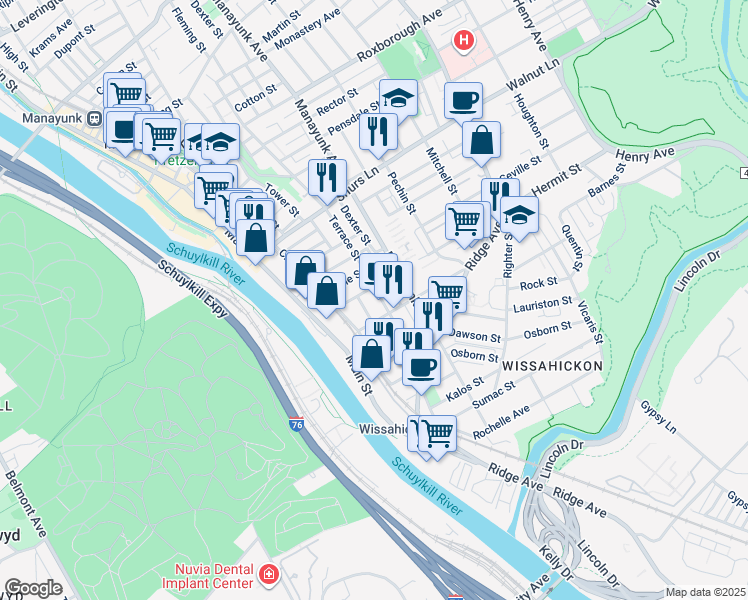 map of restaurants, bars, coffee shops, grocery stores, and more near 3872 Terrace Street in Philadelphia