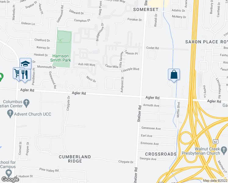 map of restaurants, bars, coffee shops, grocery stores, and more near 3653 Ashridge Street in Columbus