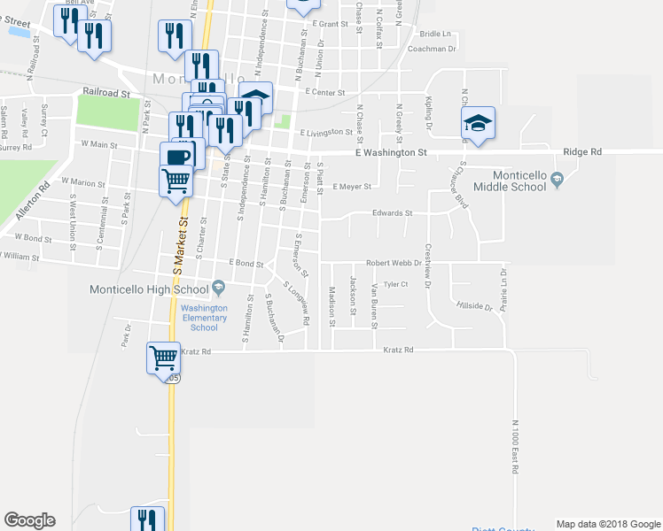 map of restaurants, bars, coffee shops, grocery stores, and more near 708 Madison Street in Monticello