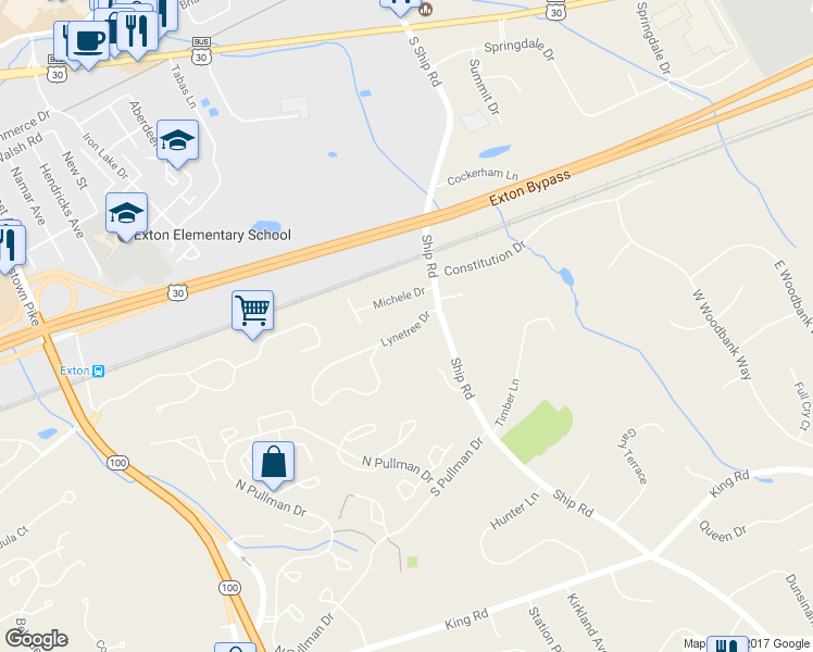 map of restaurants, bars, coffee shops, grocery stores, and more near 495 Lynetree Drive in West Chester