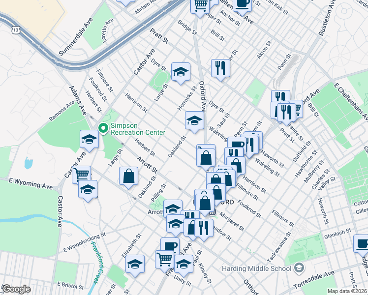 map of restaurants, bars, coffee shops, grocery stores, and more near 1230 Harrison Street in Philadelphia