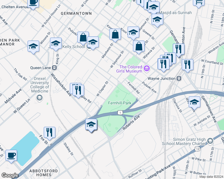 map of restaurants, bars, coffee shops, grocery stores, and more near 433 West Abbottsford Avenue in Philadelphia