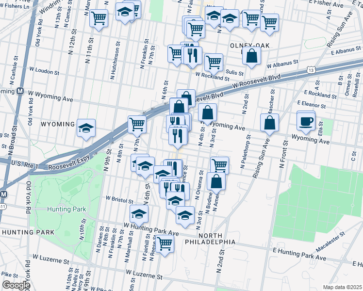 map of restaurants, bars, coffee shops, grocery stores, and more near 4547 North 5th Street in Philadelphia