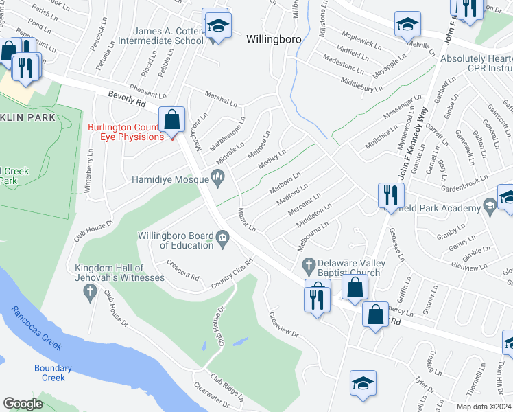 map of restaurants, bars, coffee shops, grocery stores, and more near 8 Marboro Lane in Willingboro