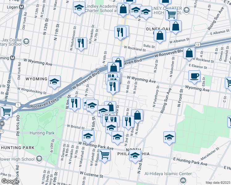 map of restaurants, bars, coffee shops, grocery stores, and more near 4547 North 5th Street in Philadelphia
