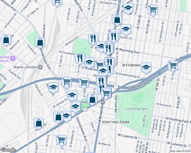 map of restaurants, bars, coffee shops, grocery stores, and more near 4501 North 15th Street in Philadelphia