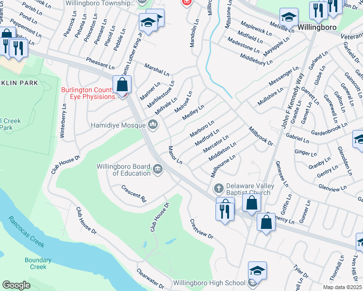 map of restaurants, bars, coffee shops, grocery stores, and more near 8 Marboro Lane in Willingboro