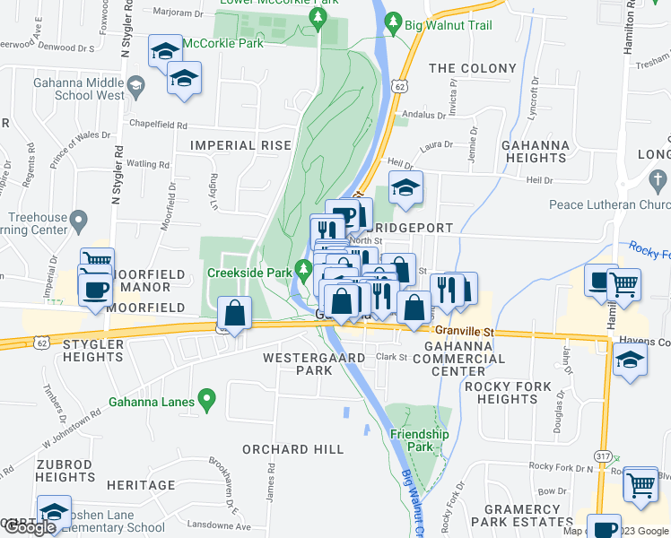map of restaurants, bars, coffee shops, grocery stores, and more near 121 Mill Street in Gahanna