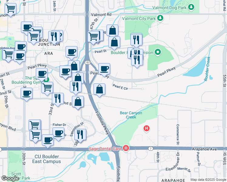 map of restaurants, bars, coffee shops, grocery stores, and more near 4710 Pearl East Circle in Boulder