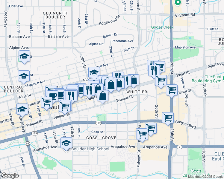 map of restaurants, bars, coffee shops, grocery stores, and more near 2220 Spruce Street in Boulder