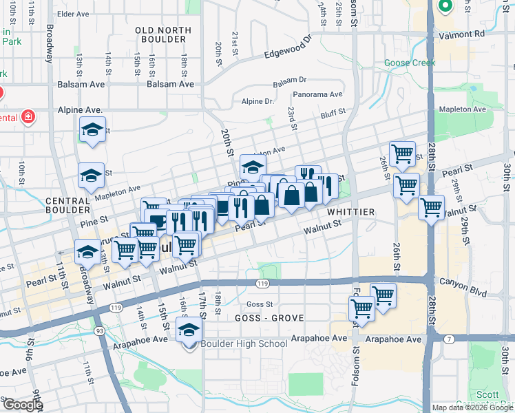map of restaurants, bars, coffee shops, grocery stores, and more near 2105 Spruce Street in Boulder