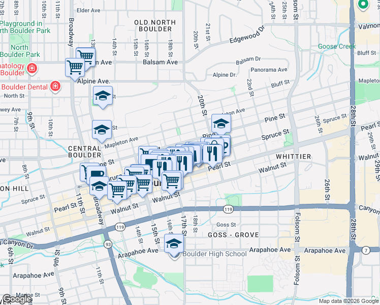 map of restaurants, bars, coffee shops, grocery stores, and more near 2136 19th Street in Boulder