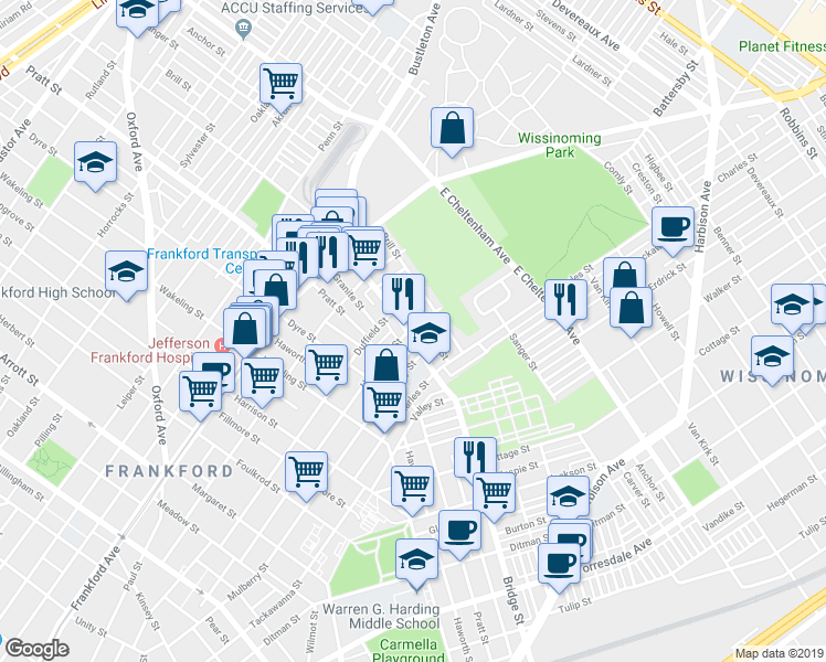 map of restaurants, bars, coffee shops, grocery stores, and more near 1726 Brill Street in Philadelphia