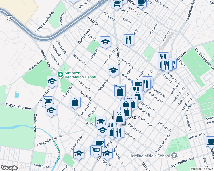 map of restaurants, bars, coffee shops, grocery stores, and more near 1230 Harrison Street in Philadelphia